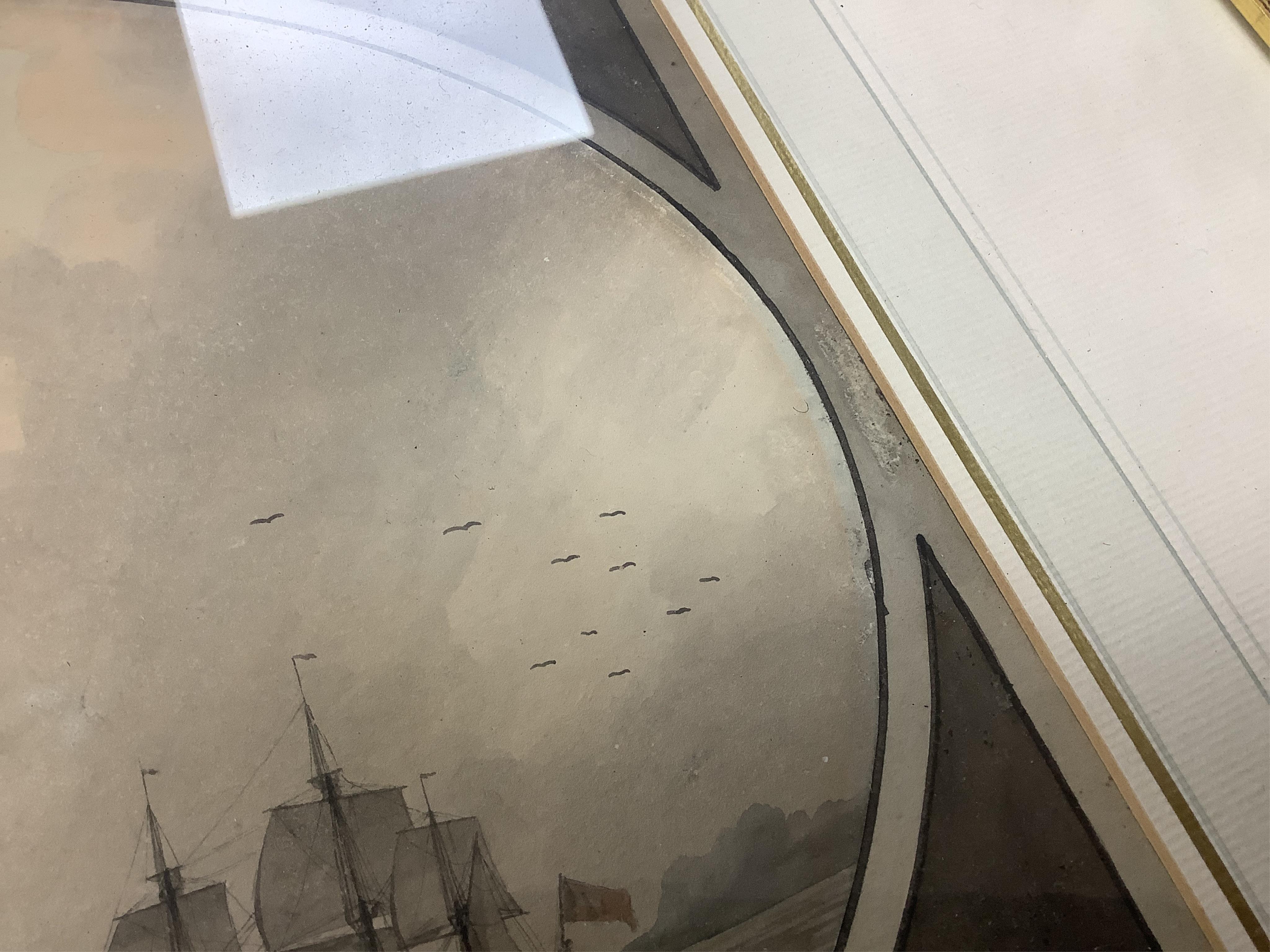 Attributed to Samuel Atkins (fl.1787-1847), Shipping in a choppy sea off a headland, feigned oval, watercolour, 24 x 34cm